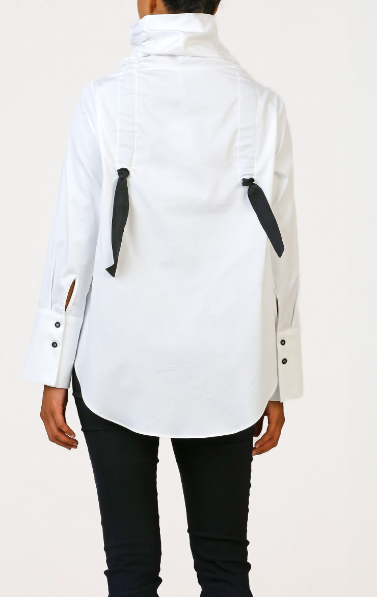 High Collar Gathered Blouse - White